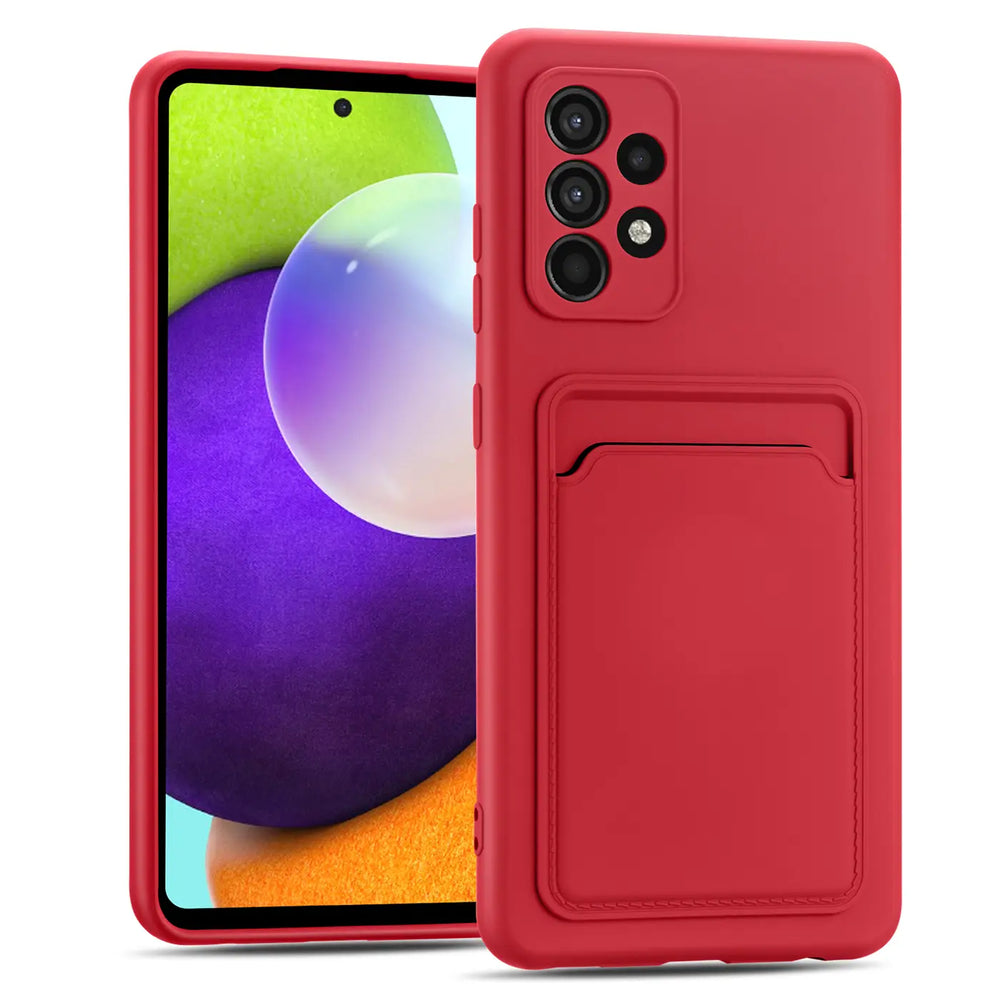Rote Slim Hülle mit Kartenfach für Samsung Galaxy A23 5G, von vorne schräg.