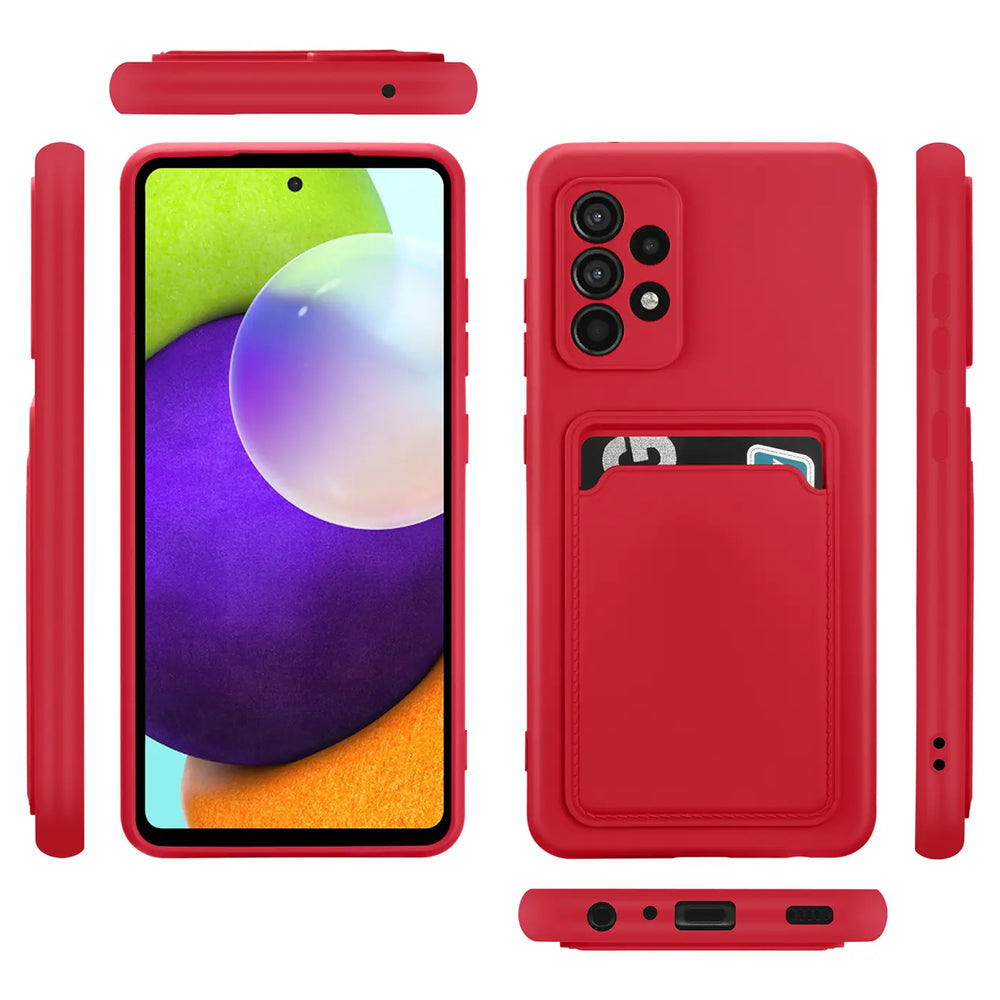 Rote Slim Hülle aus Kunststoff mit Kartenfach für Samsung Galaxy A23 5G, verschiedene Ansichten.