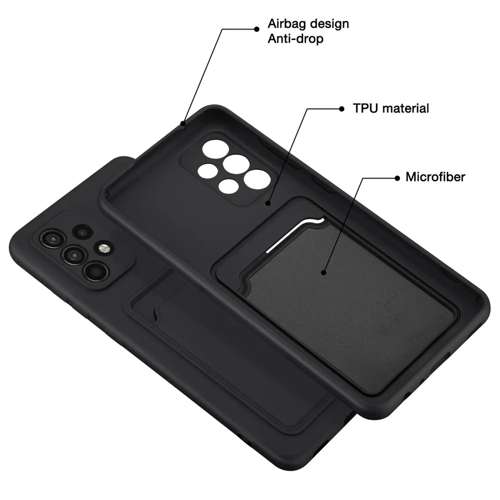 Schwarze TPU-Hülle mit Kartenfach, Innenfutter aus Mikrofaser. Samsung Galaxy A23 5G.