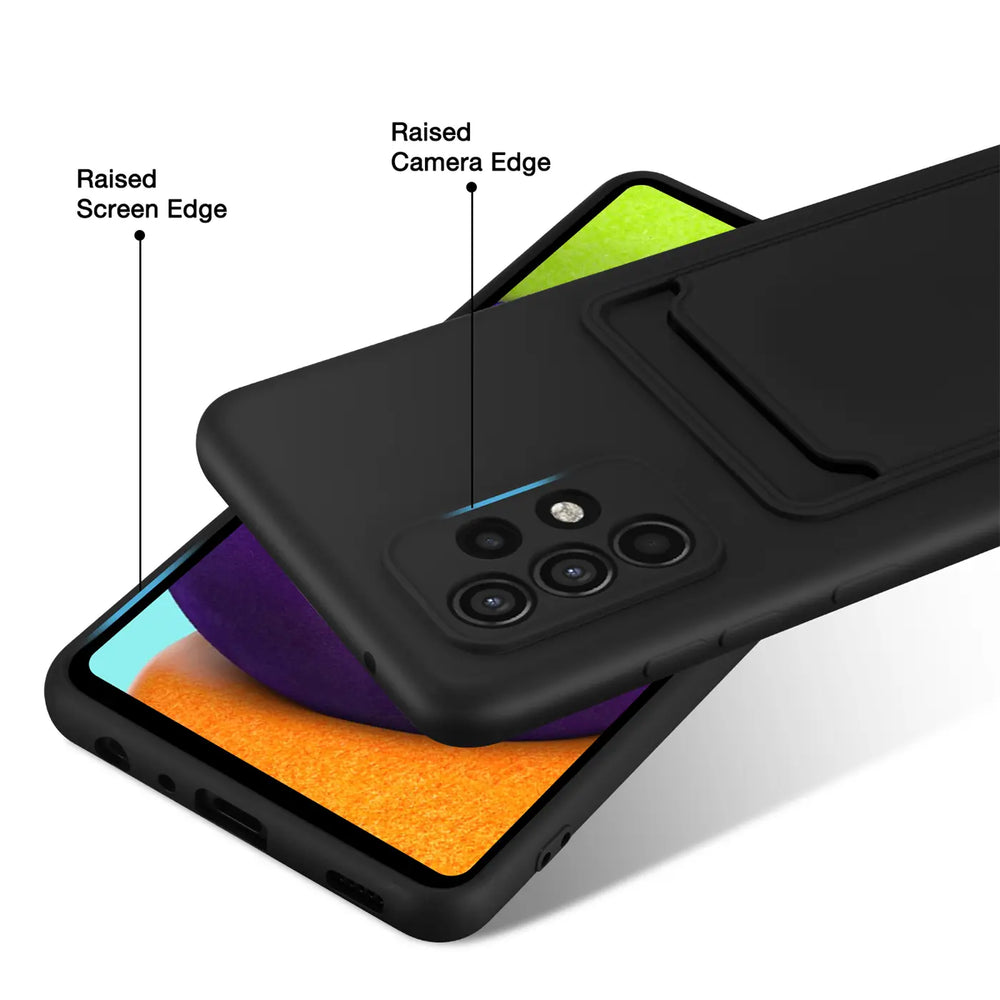 Schwarze Slim-Hülle aus Kunststoff mit Kartenfach, zeigt Samsung Galaxy A23 5G, von schräg oben.