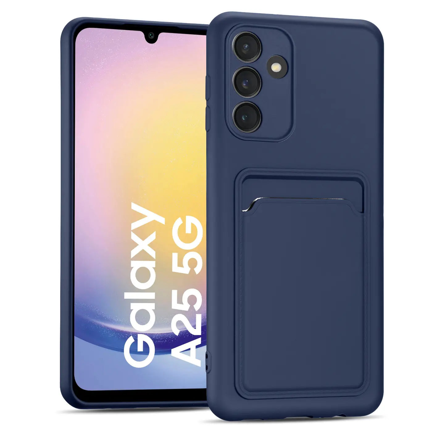 Dunkelblaue Slim Hülle aus Kunststoff mit Kartenfach für Samsung Galaxy A25 5G, von vorne gezeigt.