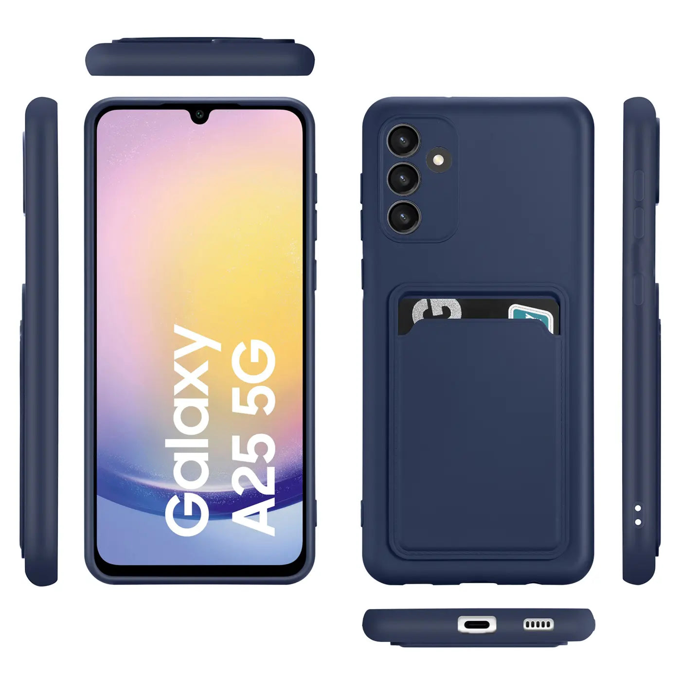 Dunkelblaue Slim Hülle mit Kartenfach für Samsung Galaxy A25 5G, verschiedene Ansichten.