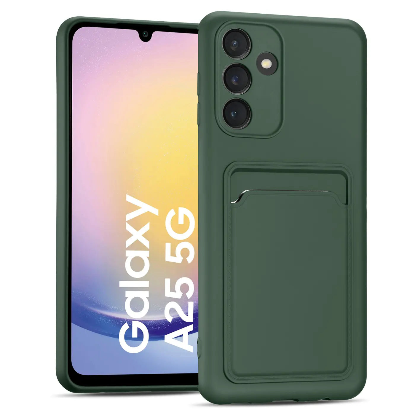 Dunkelgrüne Slim Hülle aus Kunststoff mit Kartenfach, zeigt Samsung Galaxy A25 5G.