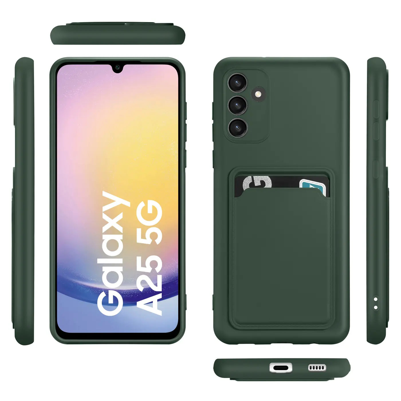 Dunkelgrüne Slim Hülle aus Silikon mit Kartenfach für Samsung Galaxy A25 5G, verschiedene Ansichten.