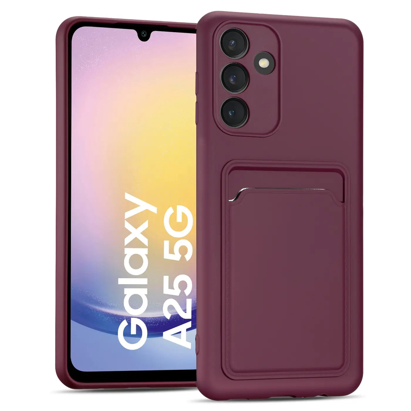 Dunkelrote Slim Hülle mit Kartenfach für Samsung Galaxy A25 5G, von vorne/leicht schräg