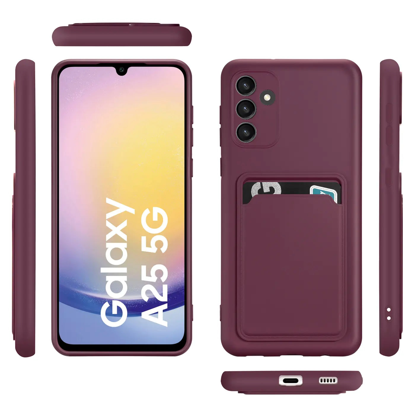 Dunkelrote Slim Hülle mit Kartenfach für Samsung Galaxy A25 5G, verschiedene Ansichten.