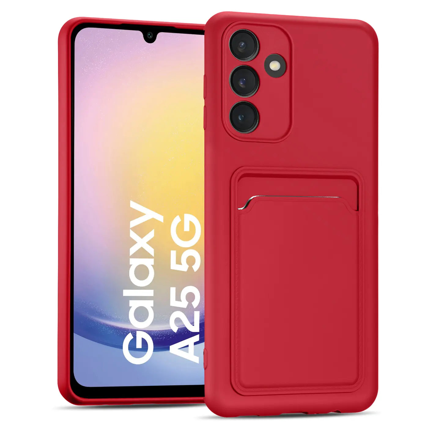 Rote Slim Hülle aus Kunststoff mit Kartenfach, Vorder- und Rückansicht, Samsung Galaxy A25 5G
