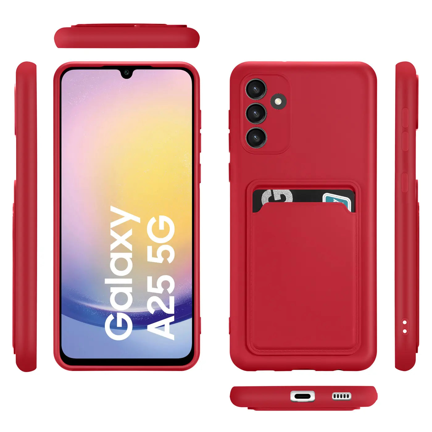 Rote Slim Hülle mit Kartenfach für Samsung Galaxy A25 5G, verschiedene Ansichten.