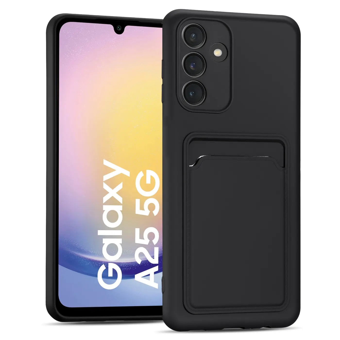 Schwarze Slim Hülle mit Kartenfach, aus Kunststoff, von vorne leicht schräg, für Samsung Galaxy A25 5G.