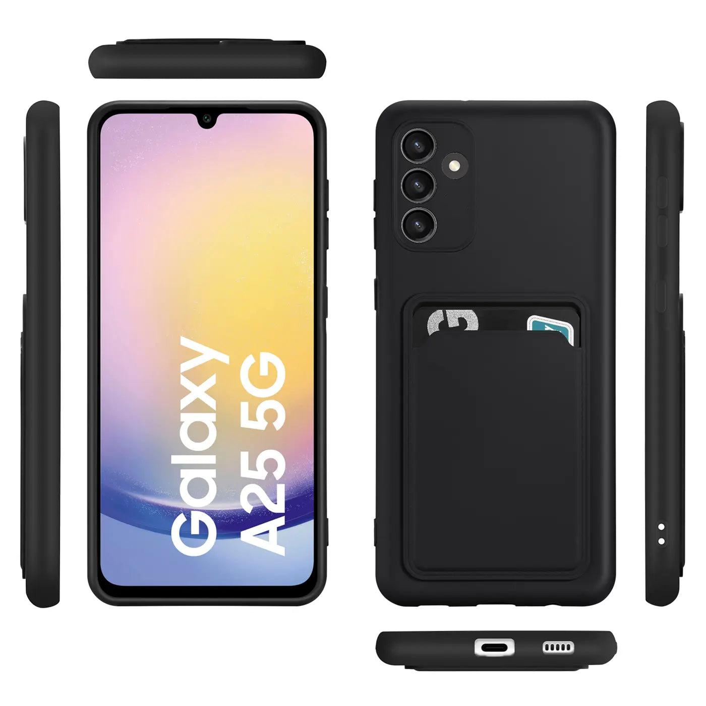Schwarze Slim Hülle aus TPU mit Kartenfach, zeigt Samsung Galaxy A25 5G von vorne und hinten.