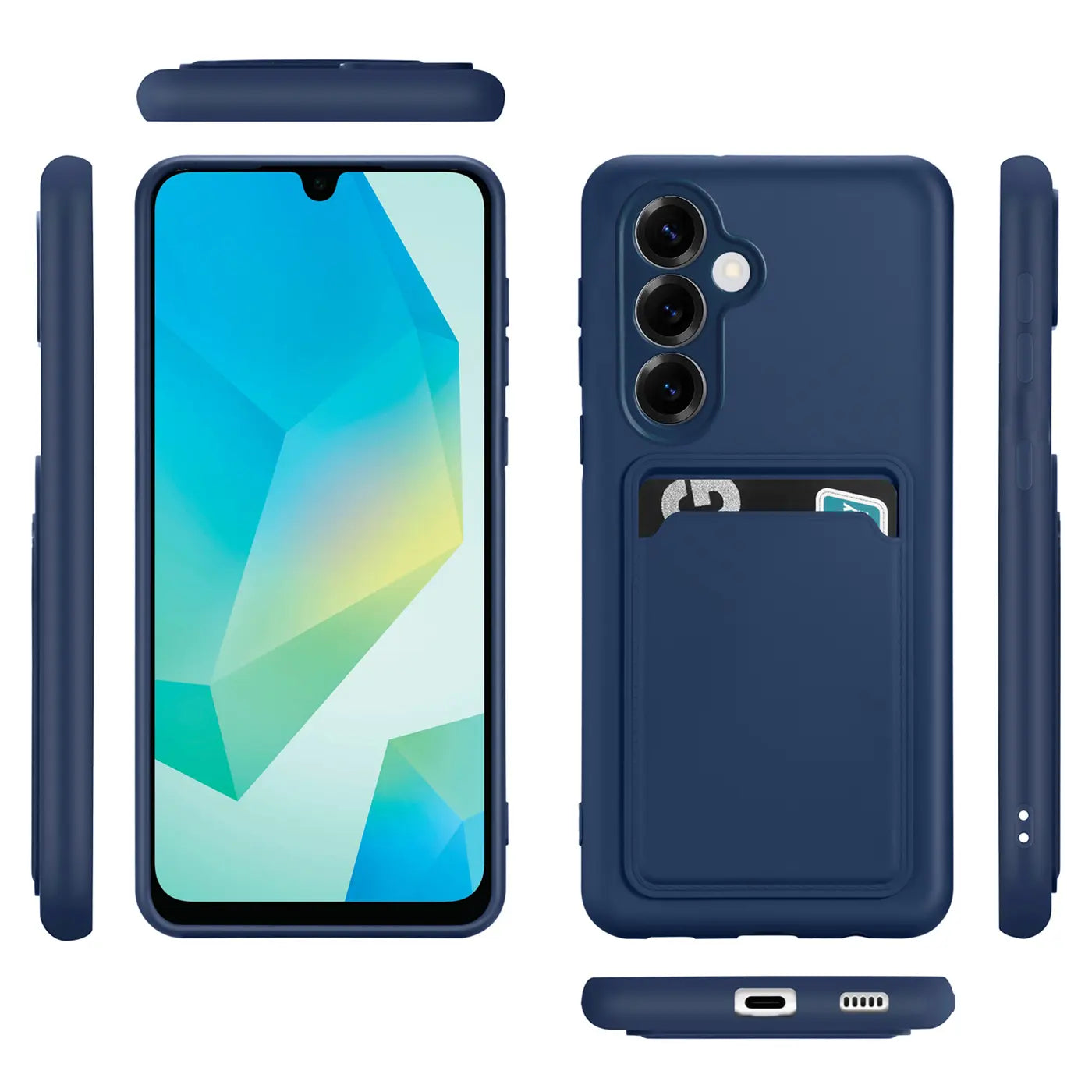 Dunkelblaue Slim Hülle aus TPU mit Kartenfach für Samsung Galaxy A26 5G, verschiedene Ansichten.