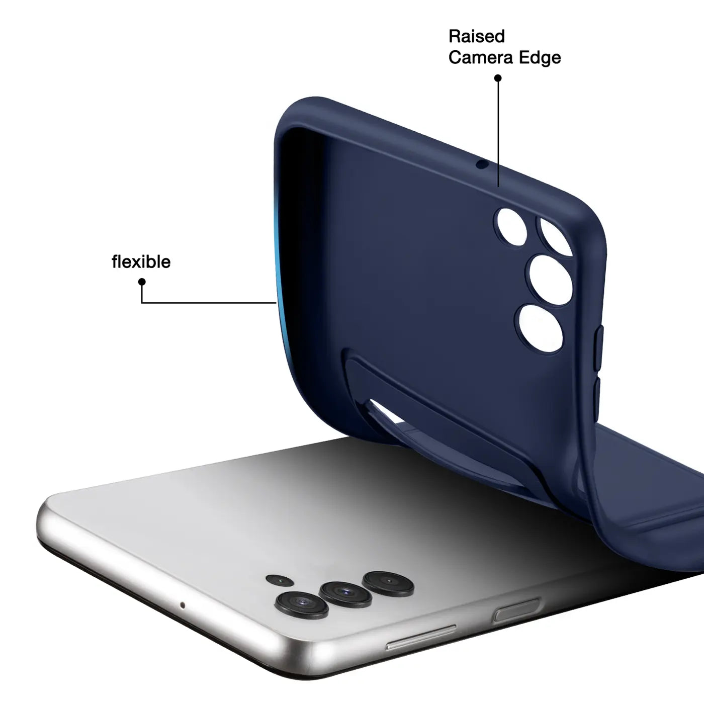 Dunkelblaue, flexible Hülle über Samsung Galaxy A26 5G, Rückansicht.