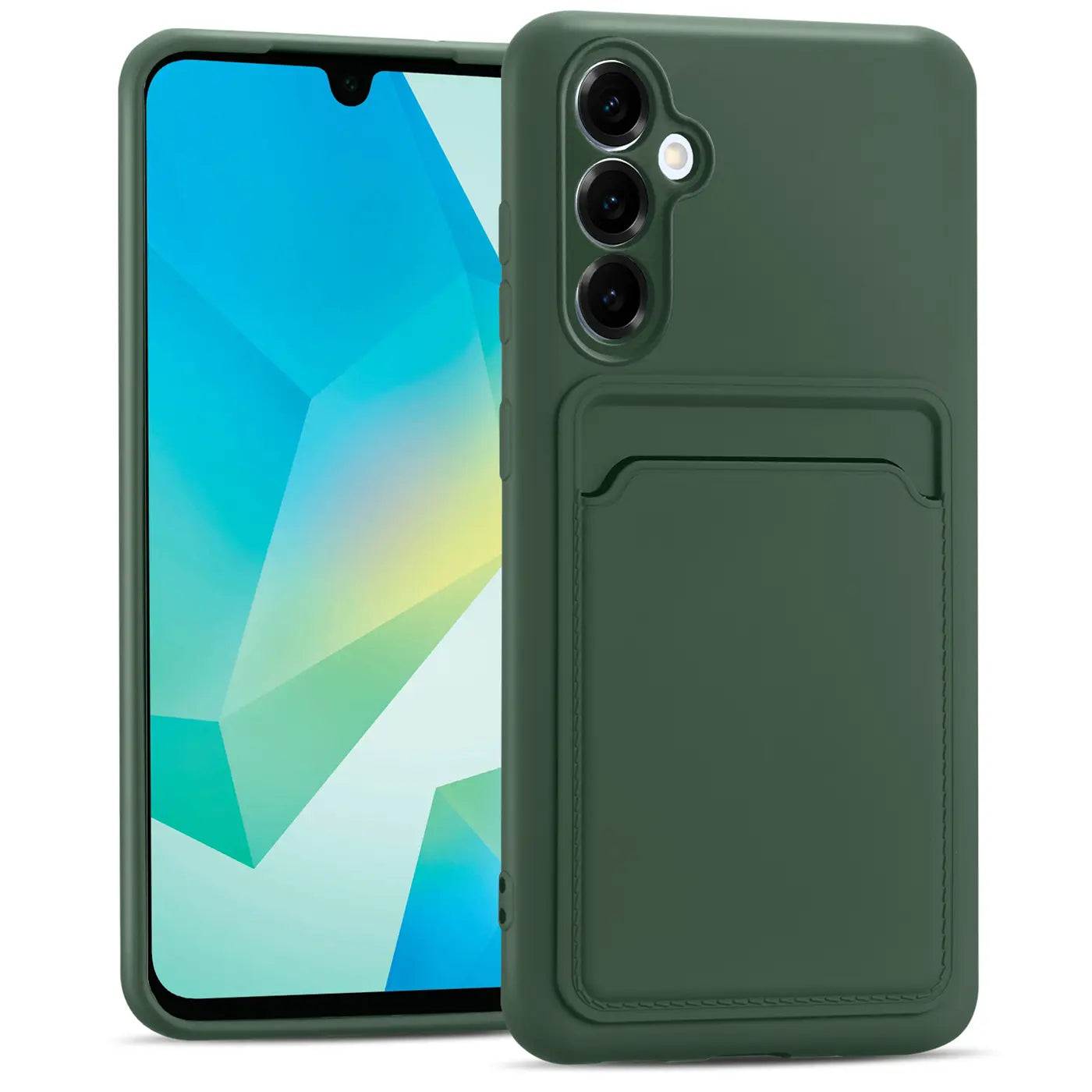 Dunkelgrüne Handyhülle aus Silikon mit Kartenfach, Vorderansicht, Samsung Galaxy A26 5G.