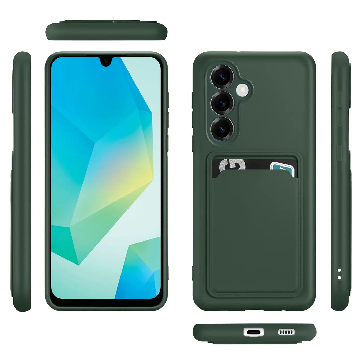 Dunkelgrüne Slim Hülle aus Kunststoff mit Kartenfach für Samsung Galaxy A26 5G. Mehrere Ansichten.