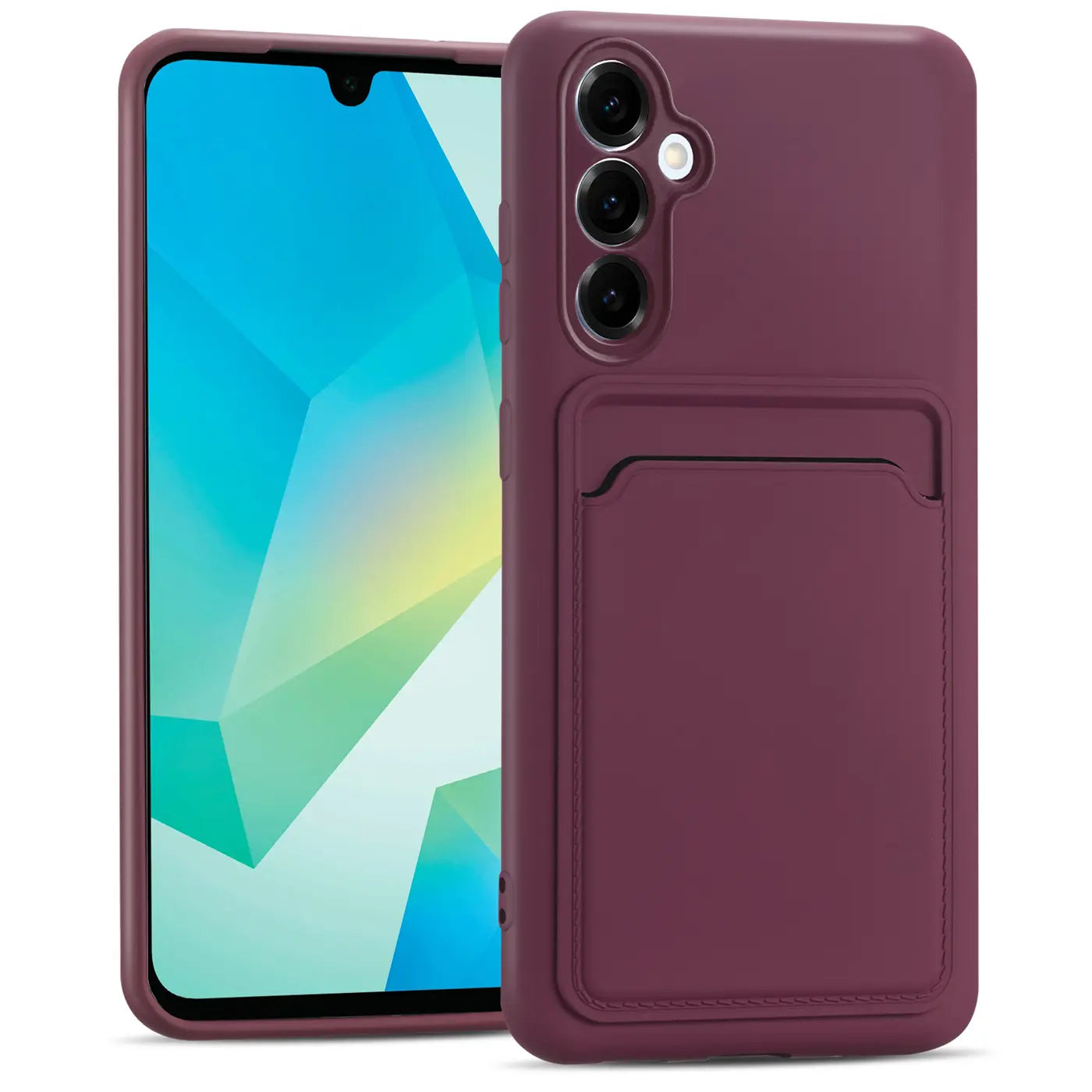 Dunkelrote Slim Hülle aus Silikon mit Kartenfach, seitliche Ansicht, zeigt Samsung Galaxy A26 5G.