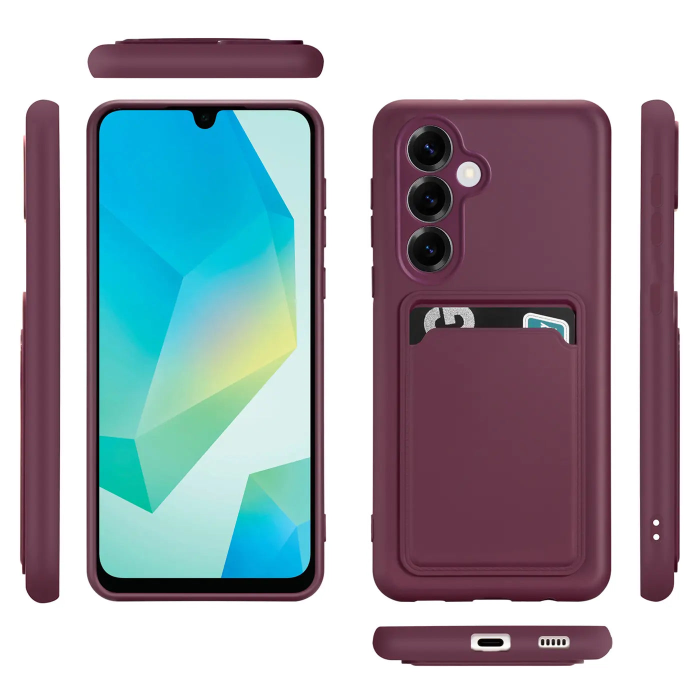 Dunkelrote Slim Hülle mit Kartenfach für Samsung Galaxy A26 5G, verschiedene Ansichten