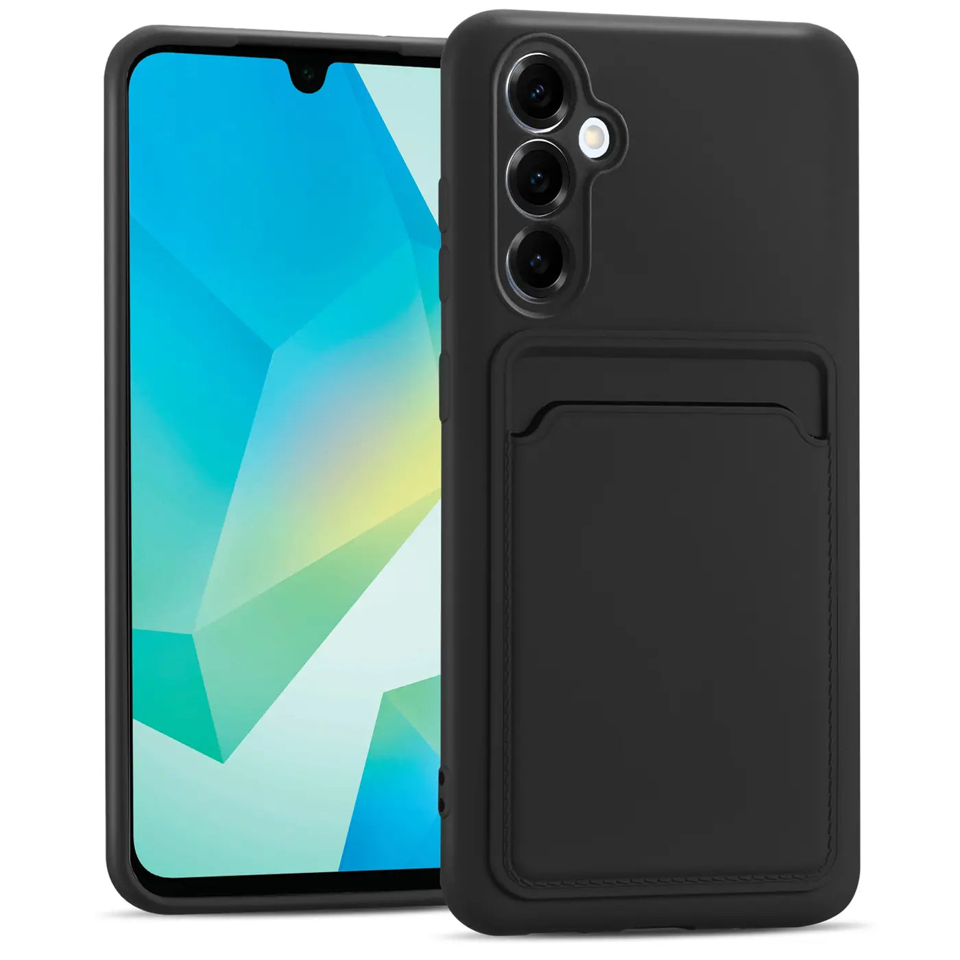 Schwarze Slim Hülle aus Gummi mit Kartenfach für Samsung Galaxy A26 5G, von vorne.