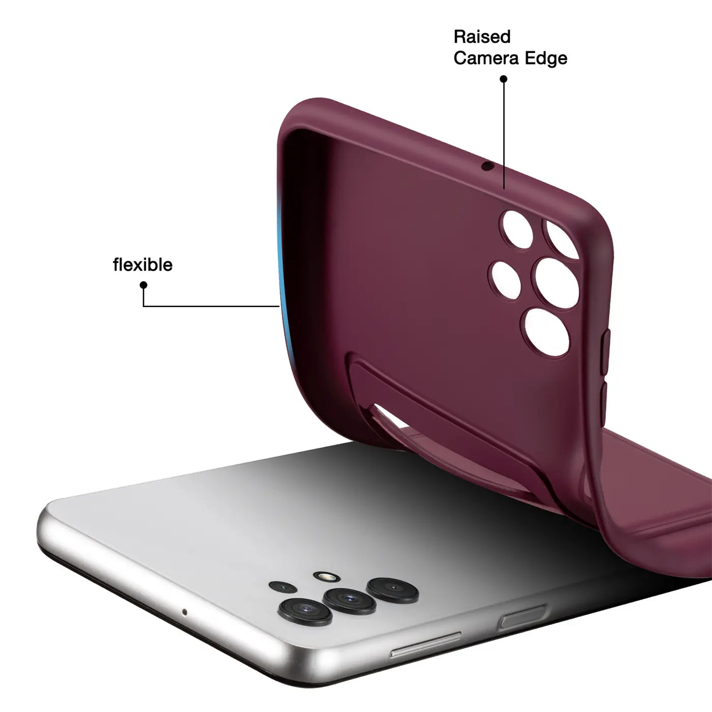 Weinrote, flexible Hülle mit Kartenfach auf Samsung Galaxy A32 5G, Rückansicht.
