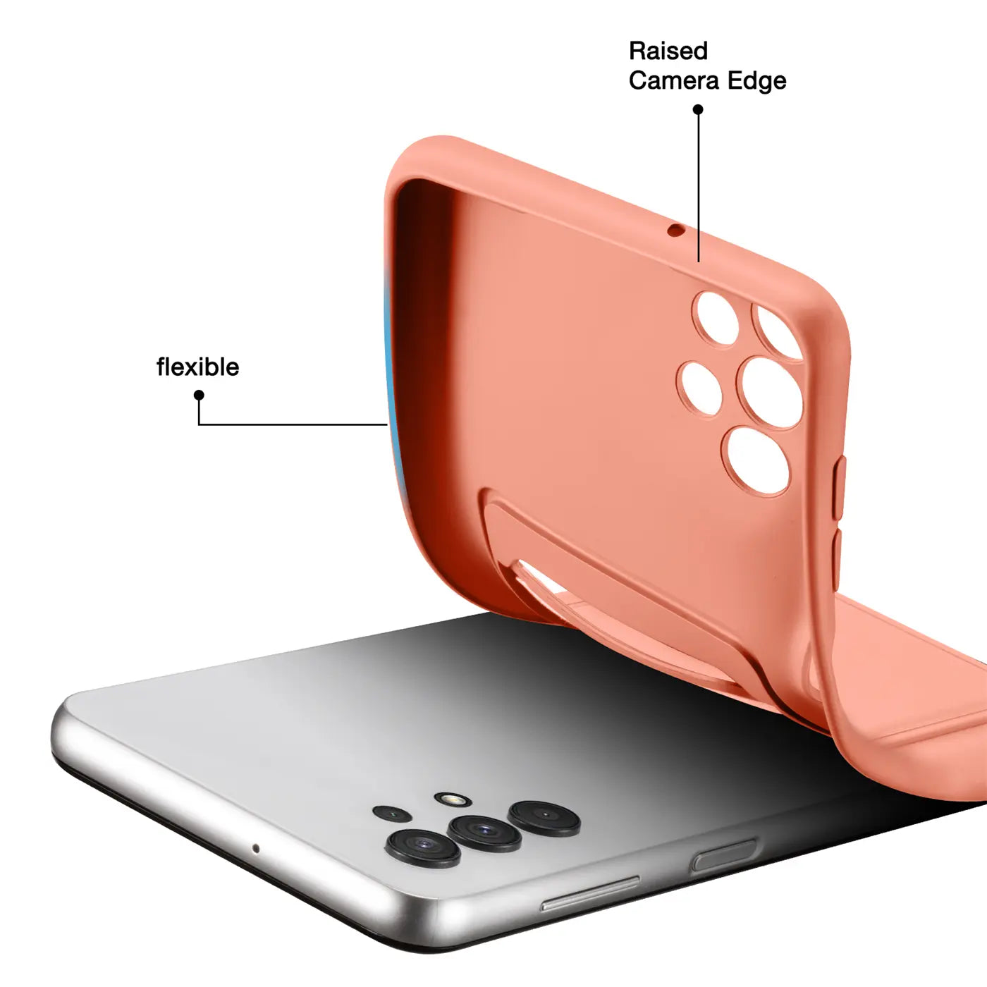 Orange flexible Hülle aus Silikon, von hinten auf Samsung Galaxy A32 5G gezeigt.