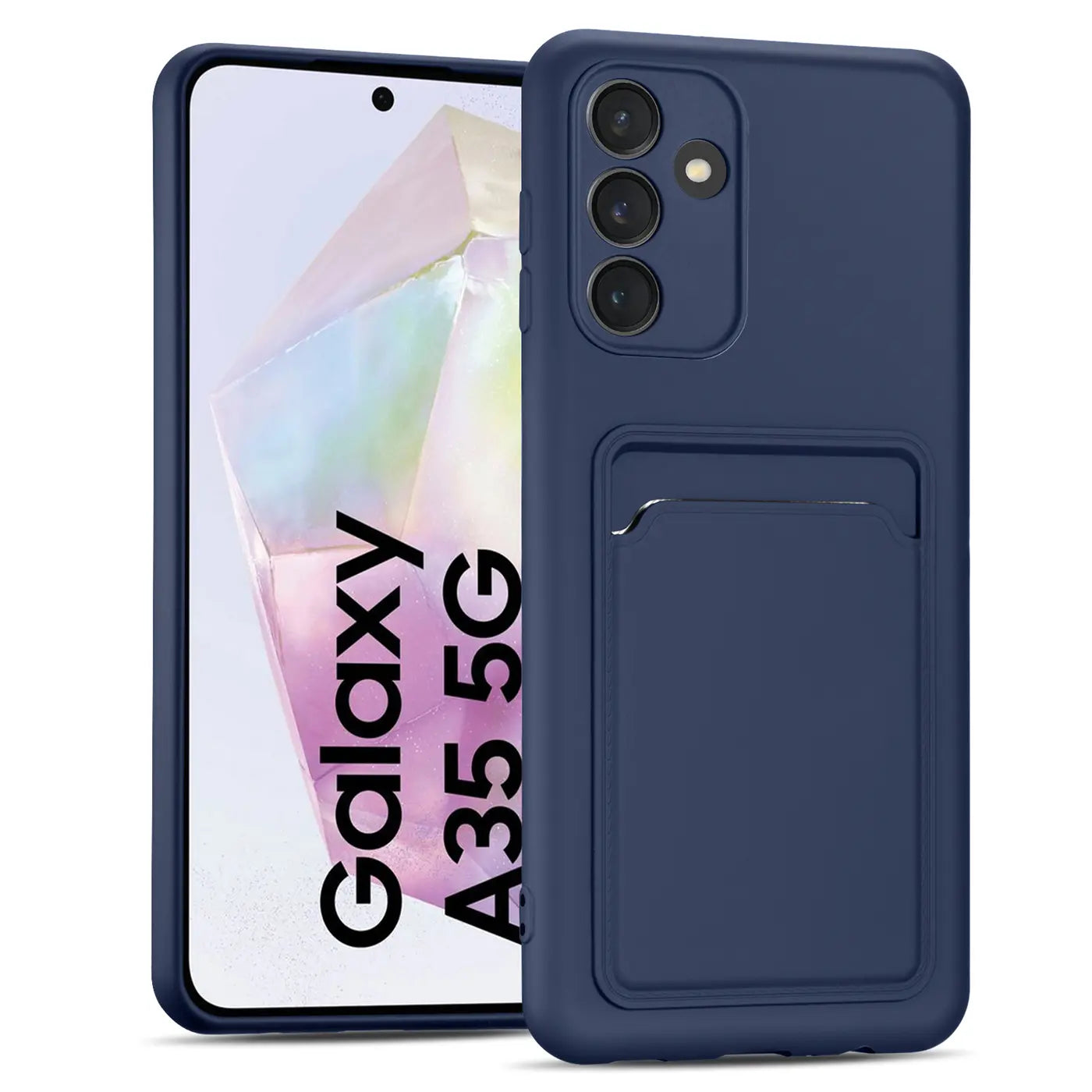 Dunkelblaue Slim Hülle aus Kunststoff mit Kartenfach für Samsung Galaxy A35 5G, Vorderansicht.