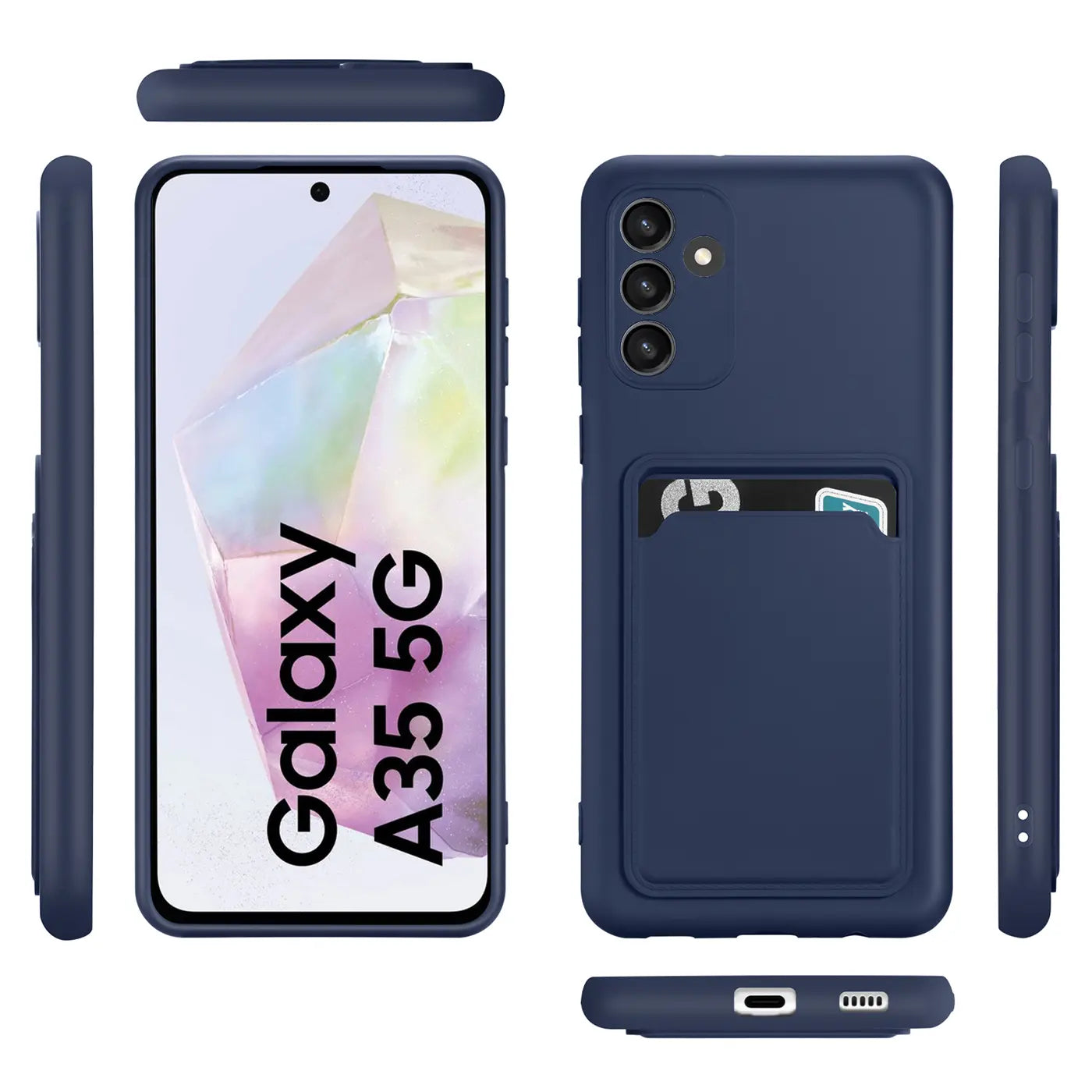 Dunkelblaue Slim Hülle aus Kunststoff mit Kartenfach, zeigt Samsung Galaxy A35 5G.