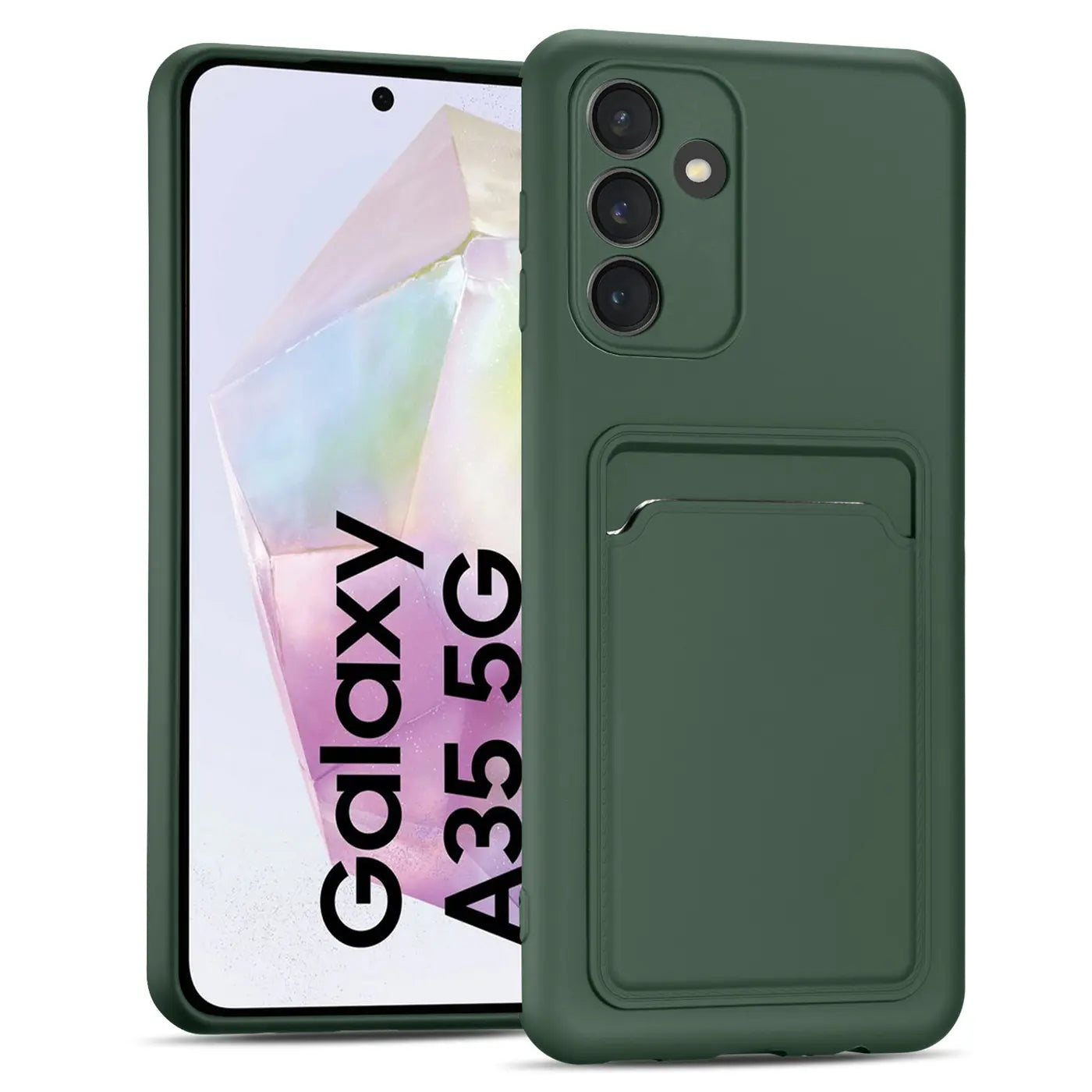 Dunkelgrüne Slim Hülle aus Kunststoff mit Kartenfach, Vorderansicht, Samsung Galaxy A35 5G.