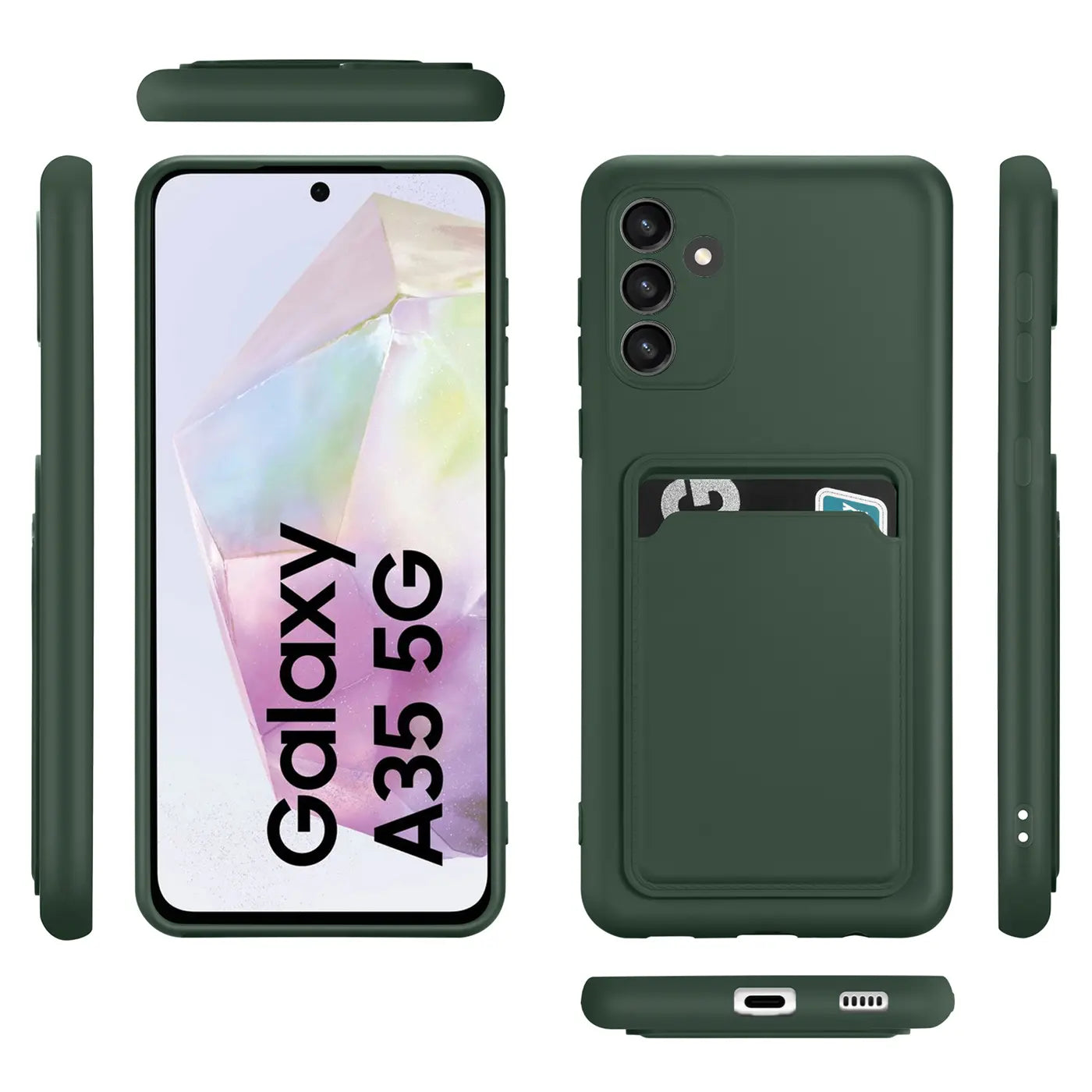 Dunkelgrüne Slim Hülle aus Kunststoff mit Kartenfach für Samsung Galaxy A35 5G, verschiedene Ansichten.
