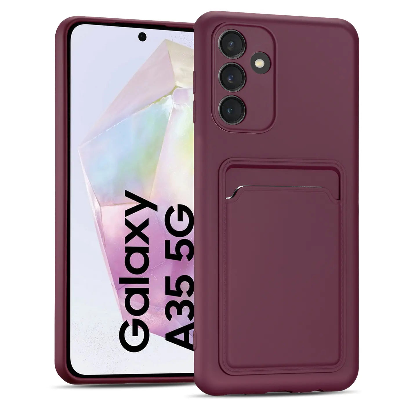 Dunkelrote Slim Hülle aus Kunststoff mit Kartenfach, seitliche Ansicht, Samsung Galaxy A35 5G.