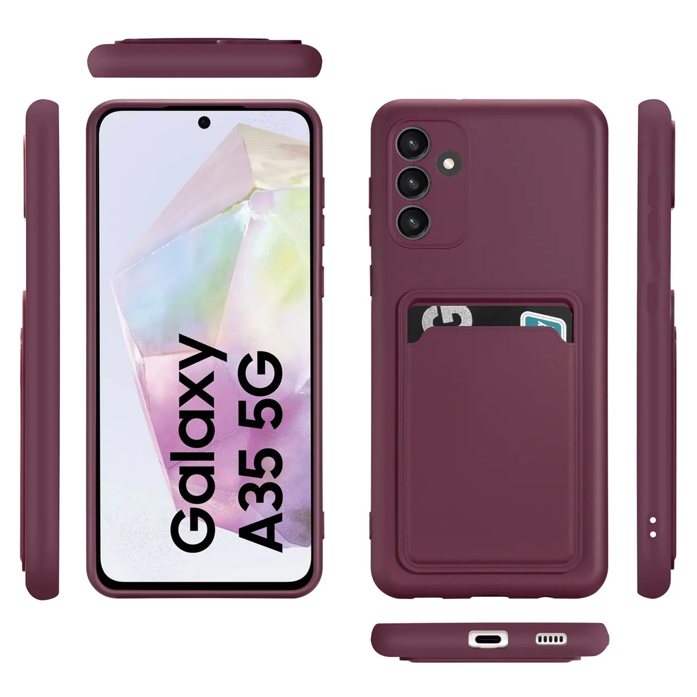 Dunkelrote Slim Hülle mit Kartenfach für Samsung Galaxy A35 5G, von vorne, hinten, Seite, oben, unten.