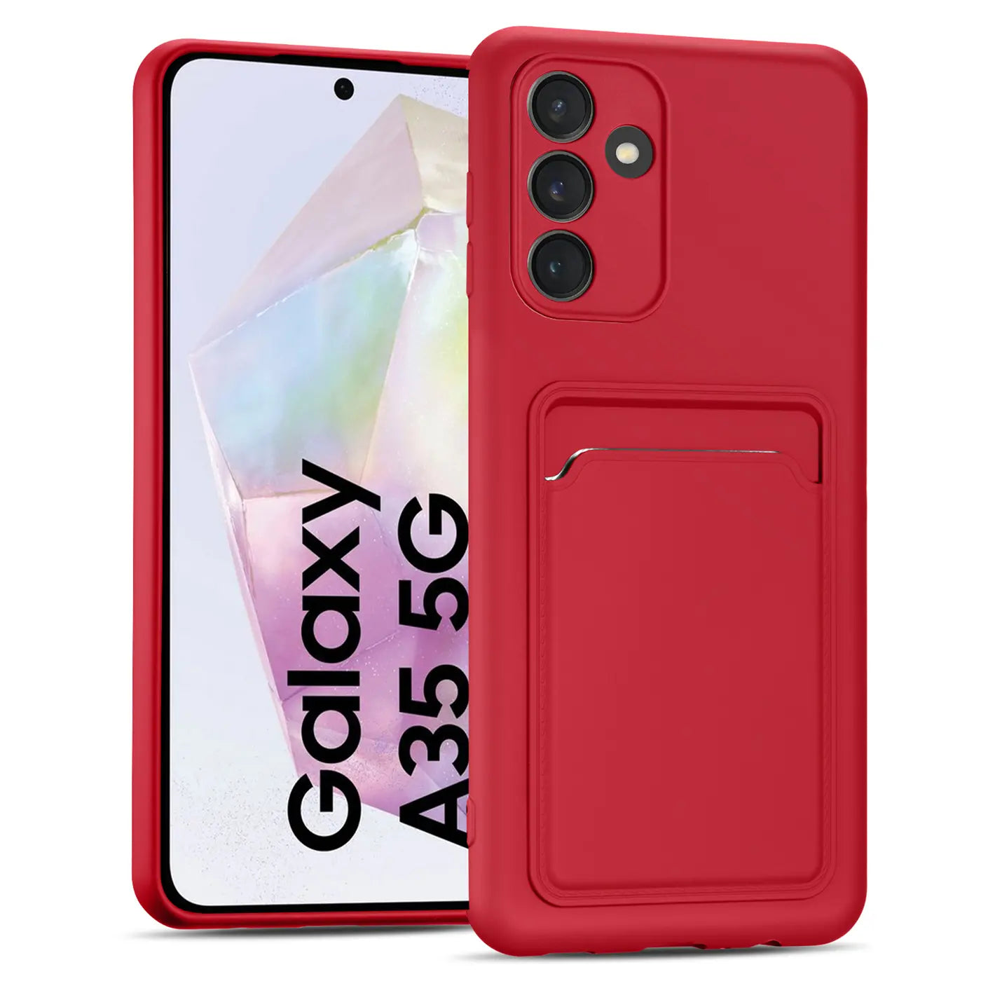 Rote Slim Hülle mit Kartenfach für Samsung Galaxy A35 5G, von vorne seitlich gezeigt.