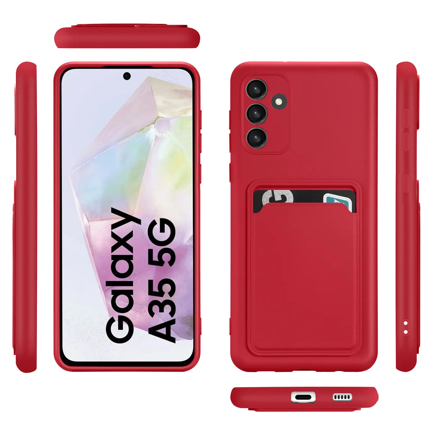 Rote Slim Hülle mit Kartenfach für Samsung Galaxy A35 5G, aus Kunststoff, verschiedene Ansichten.