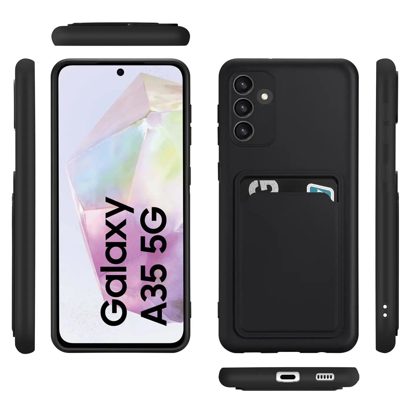 Schwarze Slim Hülle aus Kunststoff mit Kartenfach für Samsung Galaxy A35 5G, verschiedene Ansichten.