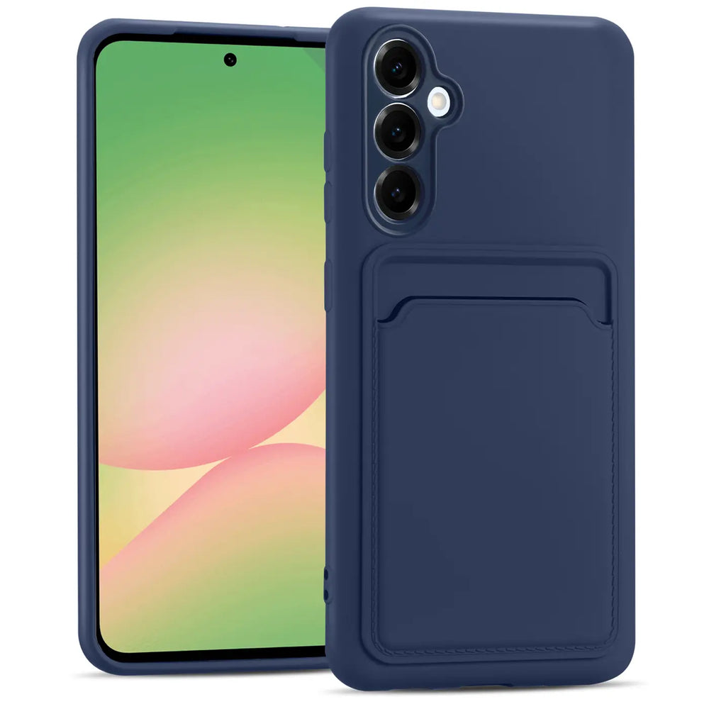 Dunkelblaue Slim Hülle mit Kartenfach, aus Kunststoff, Vorderansicht, Samsung Galaxy A36 5G.