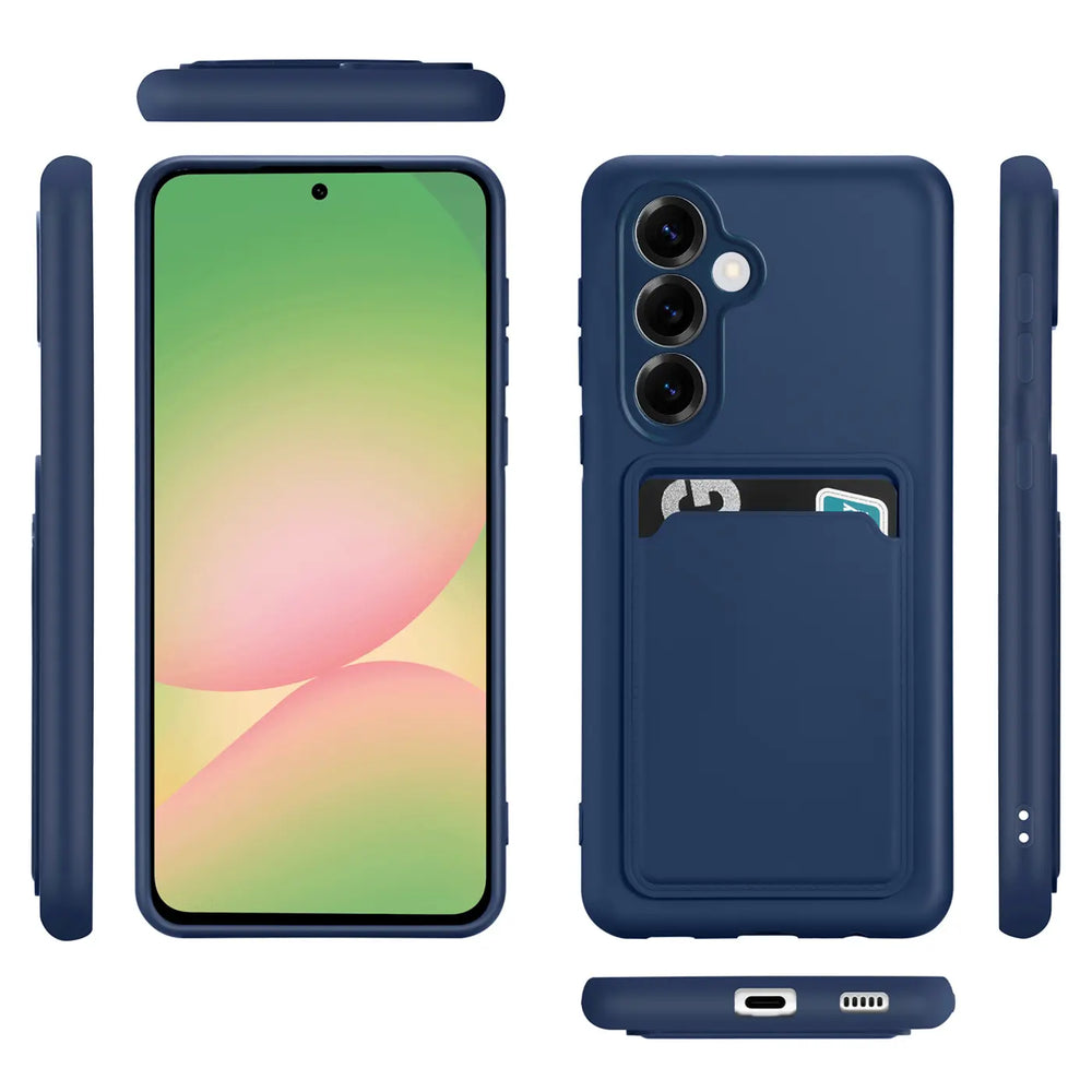 Dunkelblaue Slim Hülle aus Kunststoff mit Kartenfach, Vorder- und Rückansicht, erkennbar: Samsung Galaxy A36 5G.