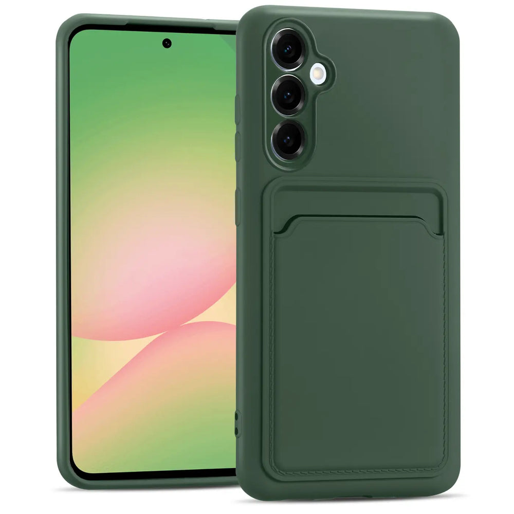 Dunkelgrüne Slim Hülle aus Silikon mit Kartenfach, Vorderansicht, Samsung Galaxy A36 5G.