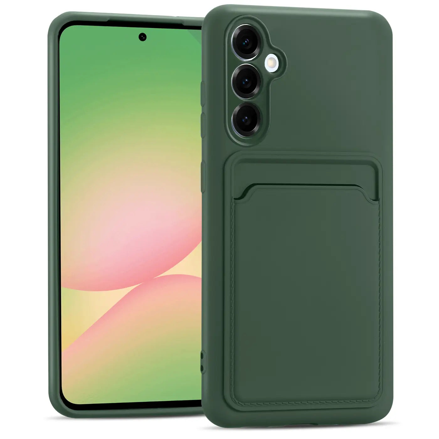 Dunkelgrüne Slim Hülle aus Silikon mit Kartenfach, Vorderansicht, Samsung Galaxy A36 5G.