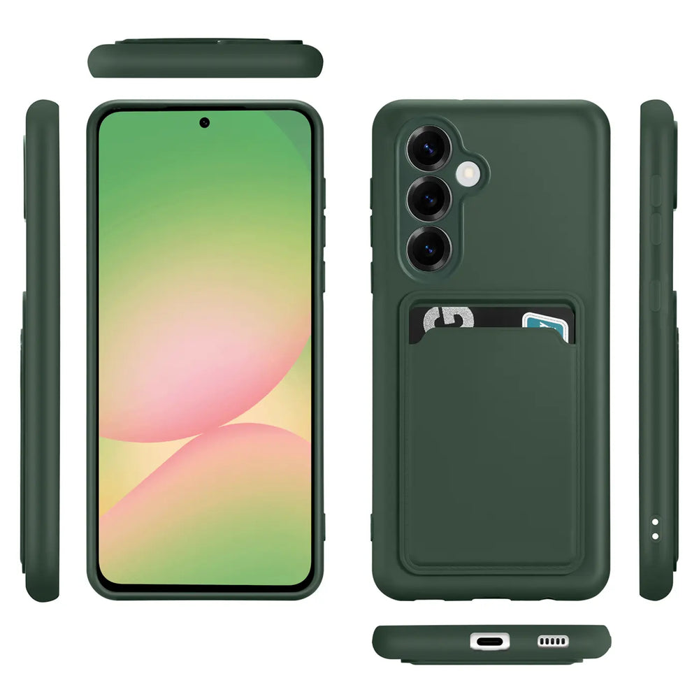 Dunkelgrüne Slim Hülle aus Kunststoff mit Kartenfach für Samsung Galaxy A36 5G, verschiedene Ansichten.