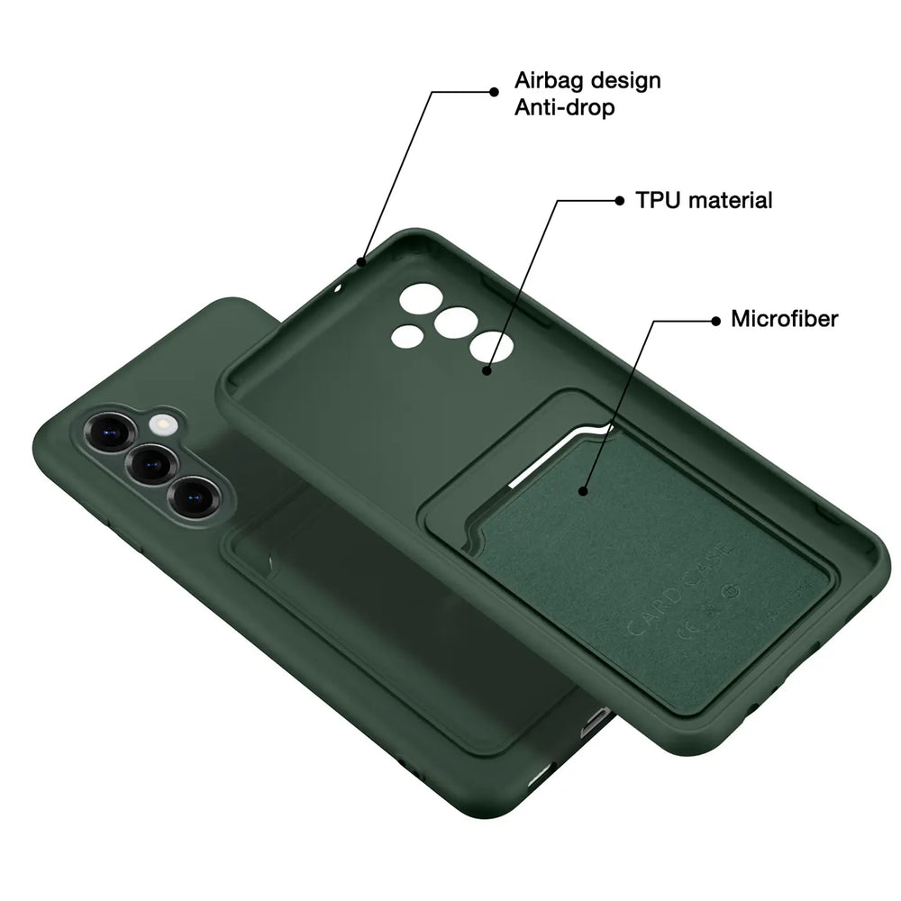 Dunkelgrüne TPU-Hülle mit Kartenfach für Samsung Galaxy A36 5G, Rückansicht.