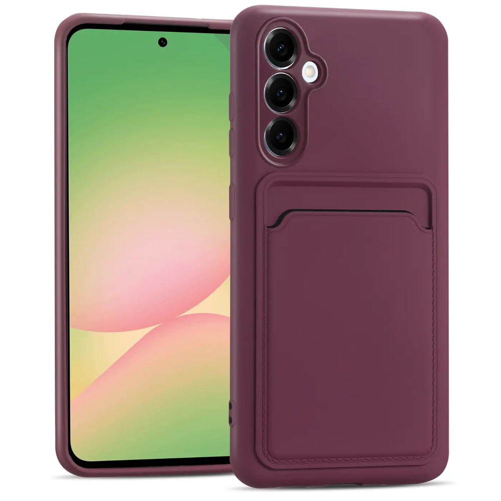 Dunkelrote Slim Hülle aus Kunststoff mit Kartenfach, Vorderansicht, Samsung Galaxy A36 5G.