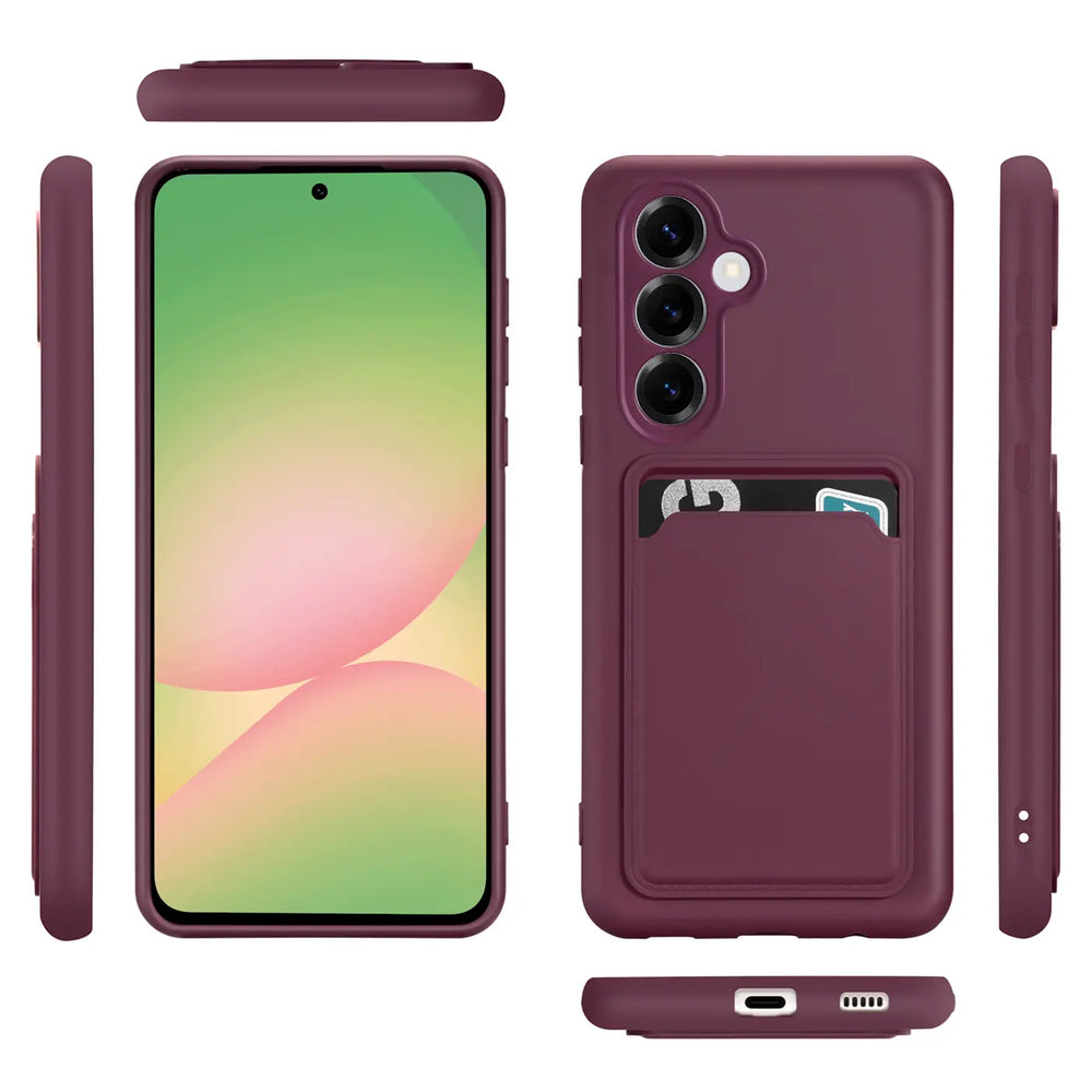 Dunkelrote Slim Hülle mit Kartenfach für Samsung Galaxy A36 5G, verschiedene Ansichten