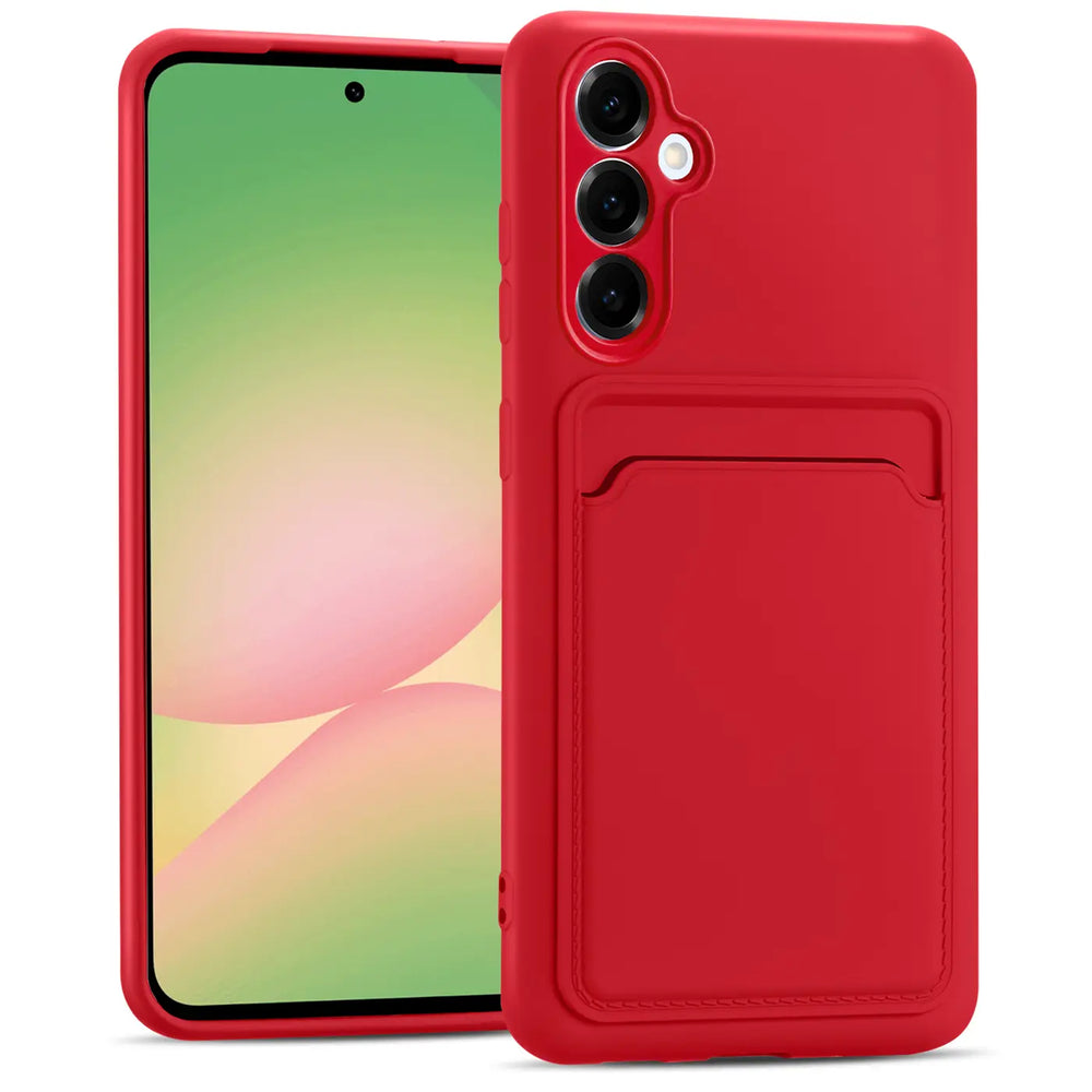 Rote Slim Hülle mit Kartenfach, Vorder- und Rückansicht, für Samsung Galaxy A36 5G.