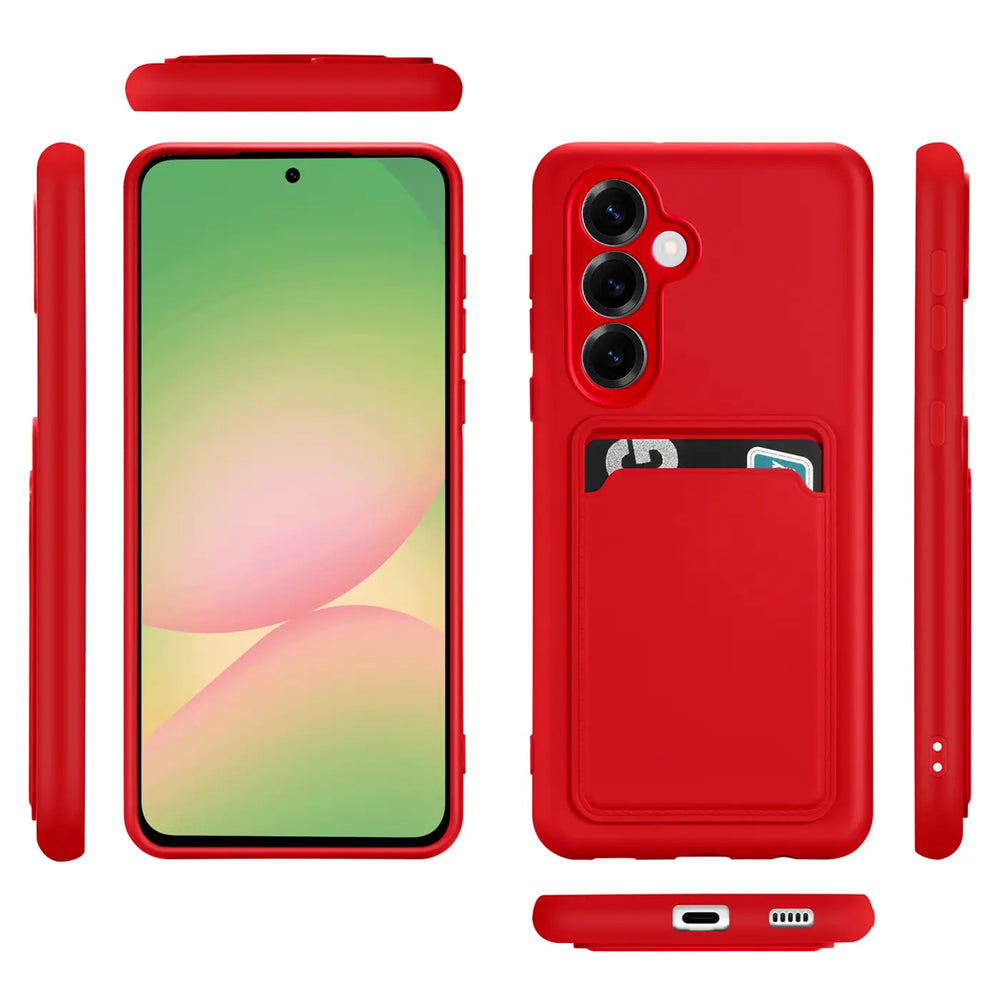 Rote Slim Hülle mit Kartenfach für Samsung Galaxy A36 5G, verschiedene Ansichten.