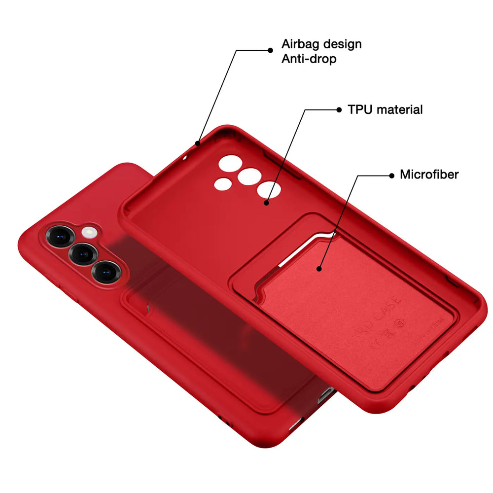 Rote TPU-Hülle mit Kartenfach, Innenfutter aus Mikrofaser, für Samsung Galaxy A36 5G.