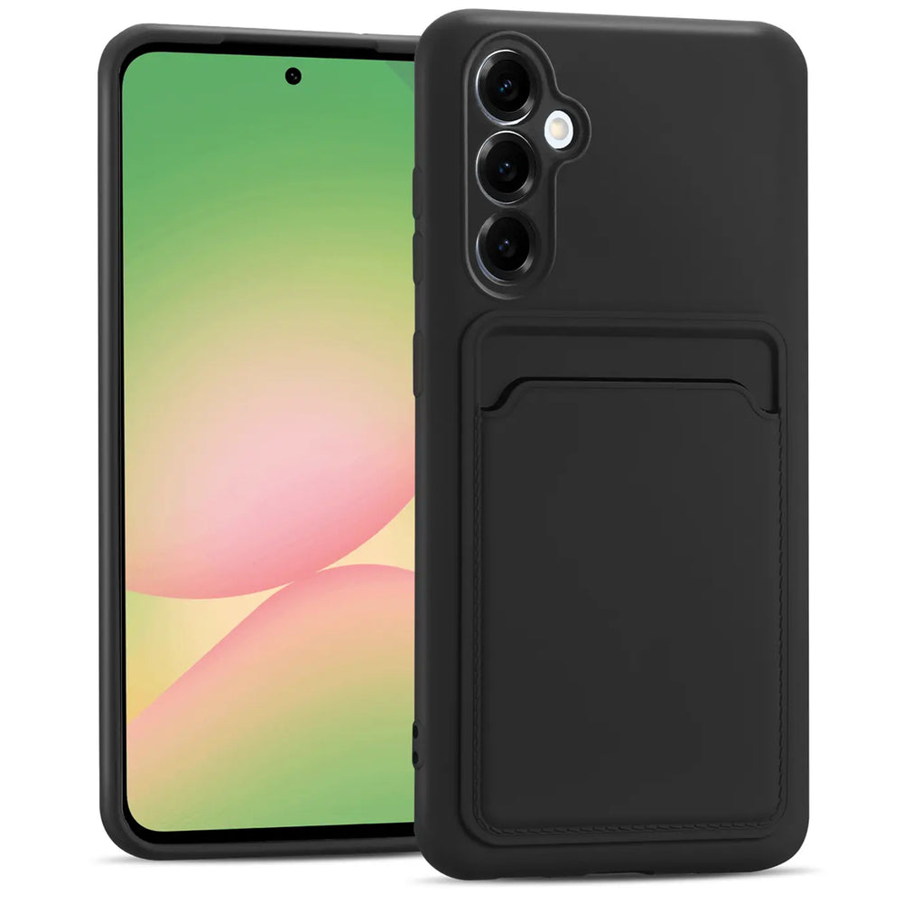 Schwarze Slim Hülle aus Kunststoff mit Kartenfach, von vorne, für Samsung Galaxy A36 5G.