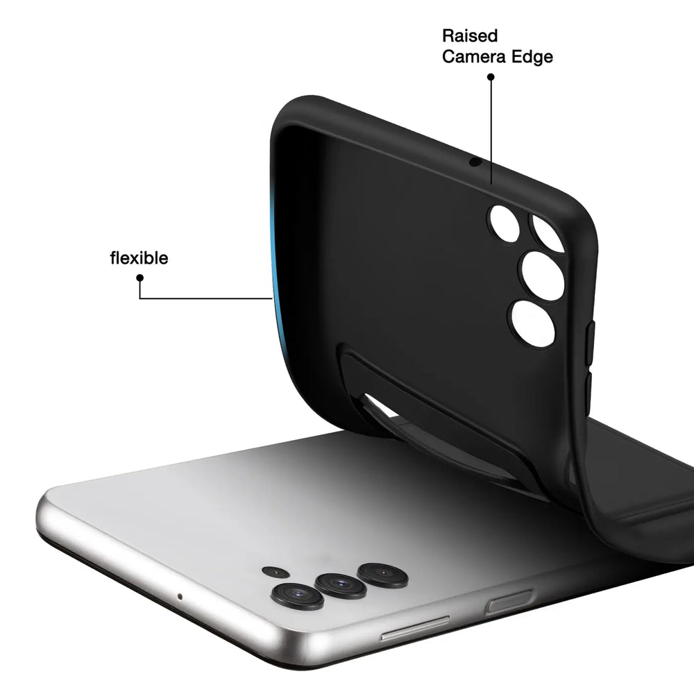 Schwarze flexible Hülle, Rückansicht, Samsung Galaxy A36 5G mit drei Kameras.