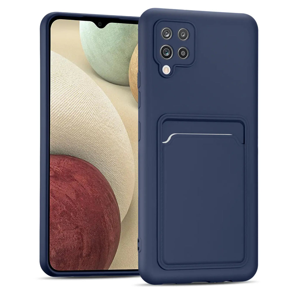 Dunkelblaue Slim Hülle aus Silikon mit Kartenfach für Samsung Galaxy A42 5G, Rückansicht.