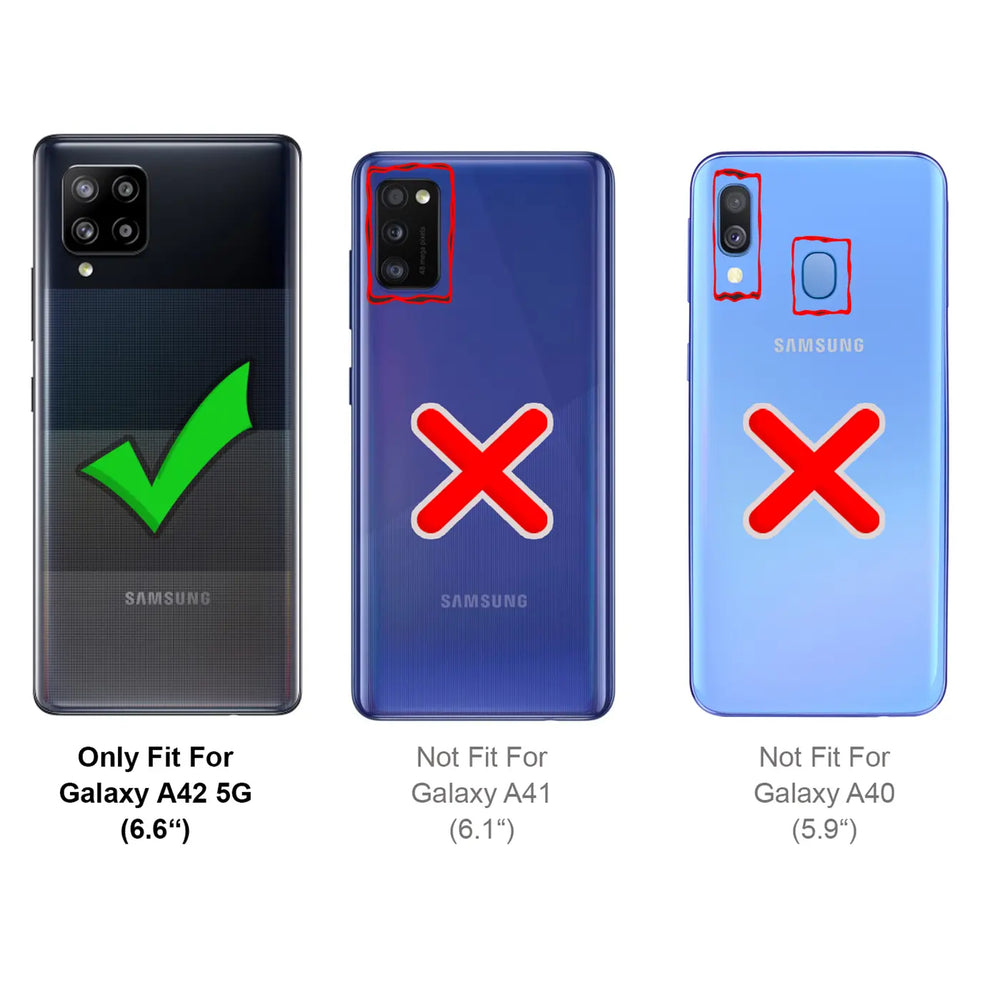 Samsung Galaxy A42 5G (6.6") mit Häkchen, andere Modelle mit Kreuz.