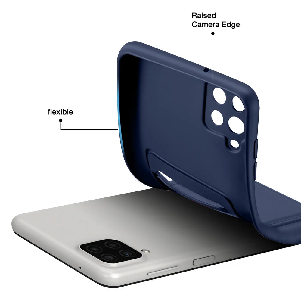 Dunkelblaue flexible Hülle mit Kartenfach, von hinten, auf Samsung A42 5G