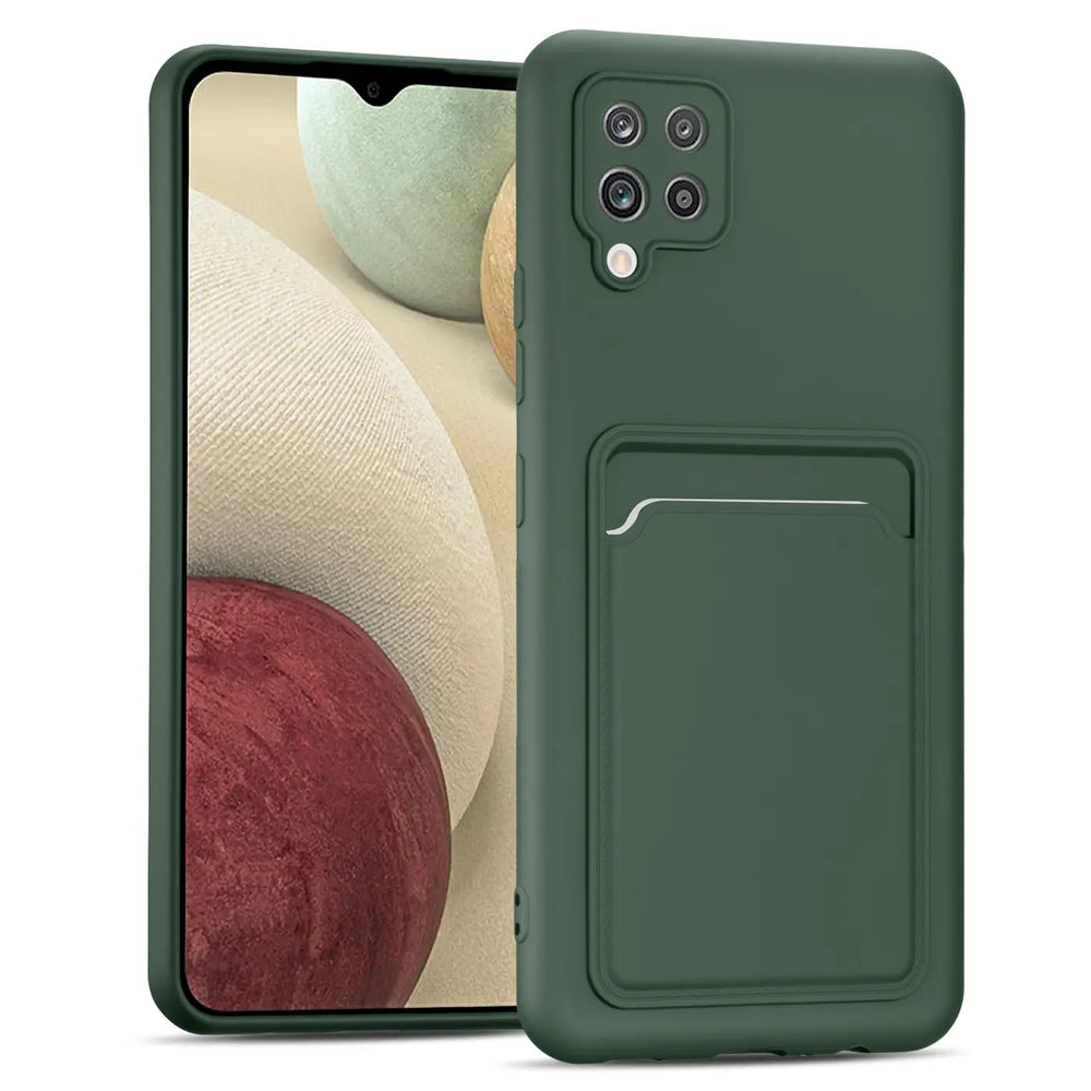 Dunkelgrüne Slim Hülle aus Silikon mit Kartenfach für Samsung Galaxy A42 5G, von vorne.