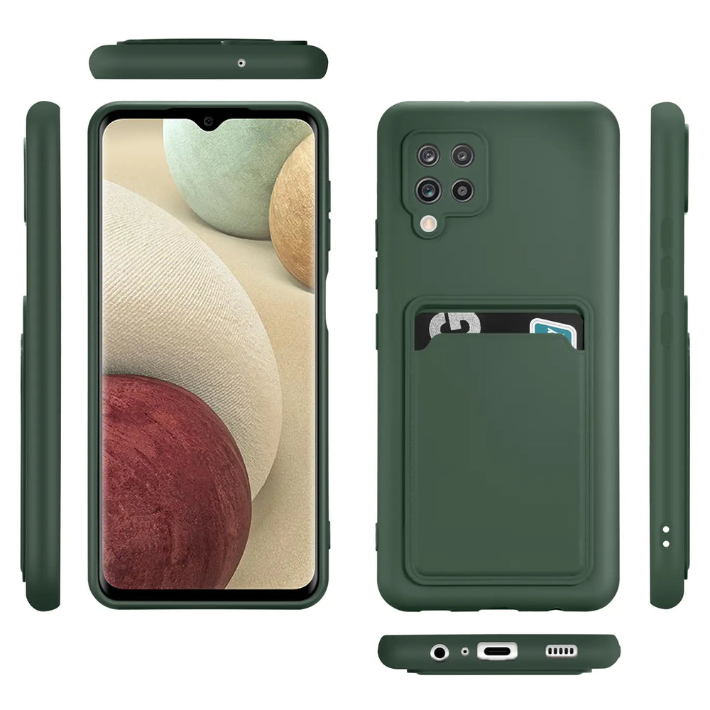 Dunkelgrüne Slim Hülle aus Kunststoff mit Kartenfach, Vorder-, Rück- und Seitenansicht, Samsung Galaxy A42 5G.